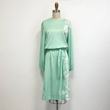 Vintage 70s Polka Dot Dress | Belted Mint Green and White | Size Medium 