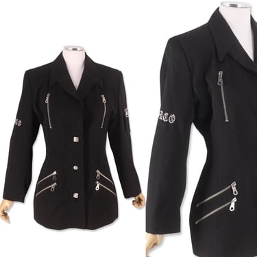 90s PARASUCO Black Club wear Blazer Size 8, Vintage Embroidered Tailored Jacket Suit Designer 