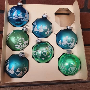 7 Vintage Green and Blue Glass Christmas Ornaments with Winter Scenes 