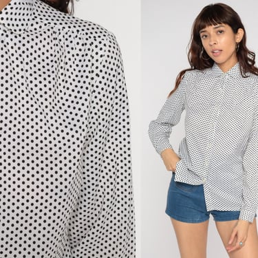 Polka Dot Blouse 70s Button Up Shirt Black White Collared Top Boho Rounded Collar Disco 1970s Nerd Preppy Vintage Long Sleeve Retro Medium M 