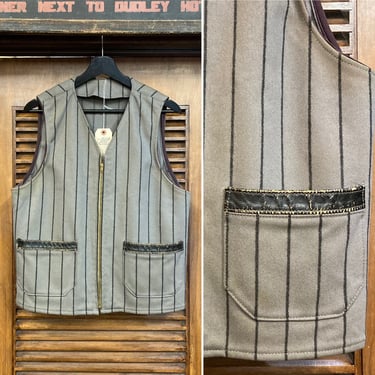 Vintage 1950’s Rare Style Wool Stripe and Leather Workwear Vest, 50’s Rockabilly, Vintage Workwear, Vintage Vest, Vintage Clothing 