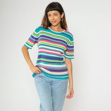 90s Striped Knit Top L Ribbed T Shirt Short Sleeve Shirt Bright Hot Pink Purple Blue Retro Tee Vintage Normcore Stretchy Round Neck Large 