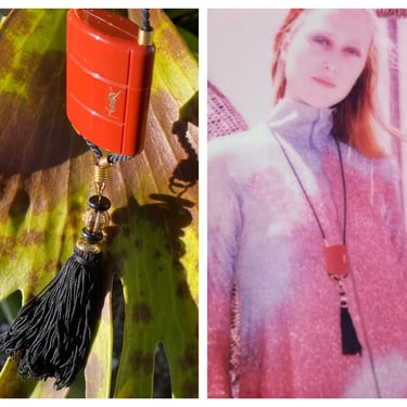 Yves Saint Laurent Fringe Tassel Necklace / Opium Perfume Plastic Necklace / Copped and Black with Gold Beads 