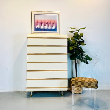 1980s Karl Springer Style Waterfall Postmodern Laminate Tallboy Dresser, Vintage Cream and Peach Lacquered Six Drawer Modern Highboy Dresser 