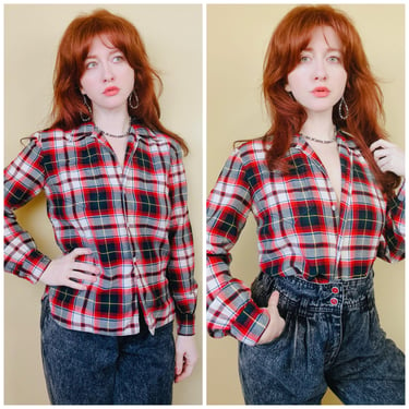 1960s Vintage Abercrombie and Fitch Viyella Wool Shirt / 60s / Sixties Red and Black Plaid Flannel Button Up / Size Medium - Large 