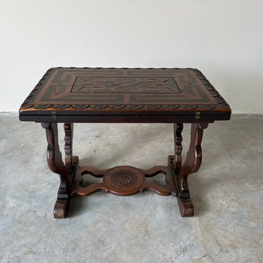 Antique Carved Side Coffee Table With Flip Serving Top 