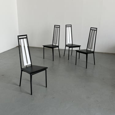 Set of 4 Postmodern Brutalist High Back Dining Chairs in Black Metal, Faux Leather and Wood, Italy 1980s 