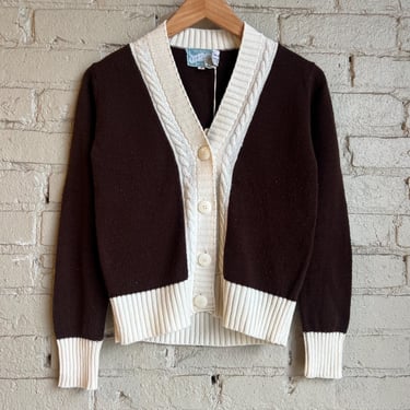 Small, Vintage 1970s Brown and White Cardigan Sweater, Light Weight, Cropped 