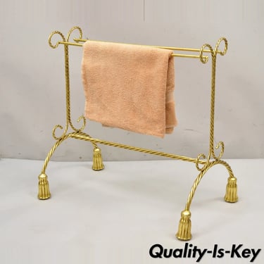 Italian Hollywood Regency Gold Gilt Iron Small Bathroom Towel Rack Tassel Feet