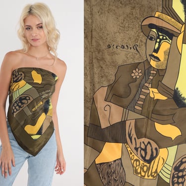 Vintage Picasso Scarf 80s Silk Scarf Top Cubist Pablo Picasso Art Print Sleeveless Scarf Shirt Yellow Hippie Boho 34" 1980s Extra Small XS S 