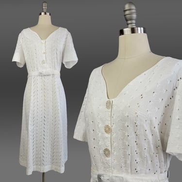 1940s White Dress / XL 1940s Dress/ 1940s Day Dress / White Eyelet Cotton Dress / Size Extra Large XL / Plus Size 1940s 