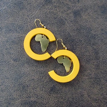 Large Africa earrings, gold and yellow wood earrings, bold statement earrings, Afrocentric earrings, huge earrings, pride earrings 