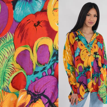Fruit Print Shirt Y2k Tunic Top Hooded Blouse Colorful Flowy Long Sleeve Flowy Rear Slit High Low Novelty Vintage 00s Small Medium Large XL 