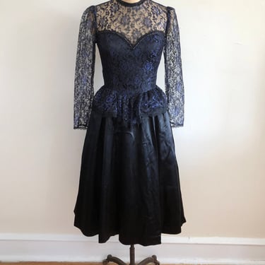 Blue and Black Lace Overlay Gunne Sax Gown - 1980s 
