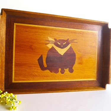Vintage Cat Serving Tray - Teak Wood Inlaid Cat Tray 