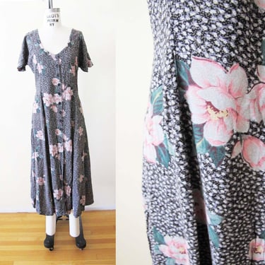 Vintage 90s Grunge Midi Dress S M - 1990s Black Pink Ditsy Floral Button Front Sundress - Whimsigoth Romantic Style 