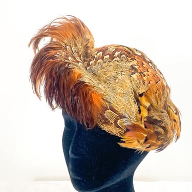 1940s Brown Feather Hat | 40s Gold & Brown Quail Feather Hat | Feather Saucer Hat 