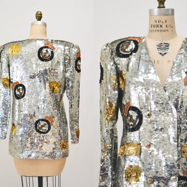 80s 90s Vintage Silver Sequin Jacket// Vintage Silver Sequin Boat Party Jacket  Nautical Captain Silver Sequin Blazer French Collizioni 