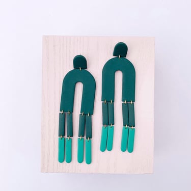 FRINGE in green monochrome, FW22 Collection, Polymer Clay, Large Statement Earrings, Oversized Modern Minimalist, Hypoallergenic Posts 