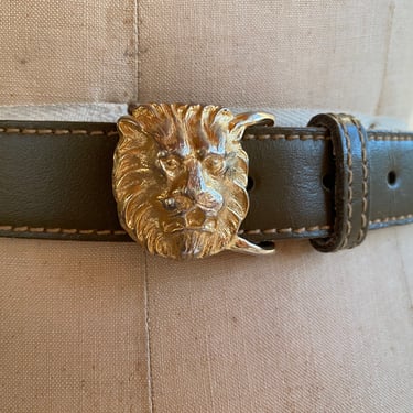 28-31" Waist Belt /Gold Lion Head Belt / Anne Klein Vintage Olive Leather  Belt /Animal Novelty Gold Hardware Belt / Luxe 80's Designer Belt 