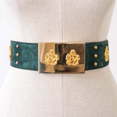 Vintage 80s ESCADA Forest Green Suede Belt w/ Gold Crest Rivets & Heavy Brass Buckle | Made in W. Germany | 100% Leather | 1980s Designer 