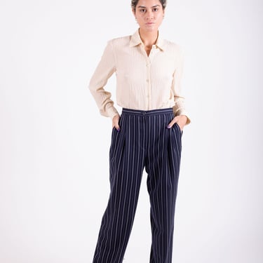 Vintage Emanuel Ungaro Paris 1990s High Waisted Blue and White Pinstripe Wool Blend Trousers sz 27 28 Pants Minimal 90s Baggy 