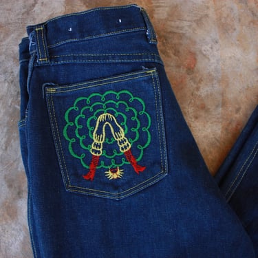 RARE 70s 80s Maverick Jeans with Squaredancer Embroidery Dark Wash 30 Waist 