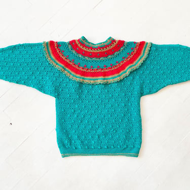 Vintage Hand Knit Teal Sweater with Red + Gold Yoke 