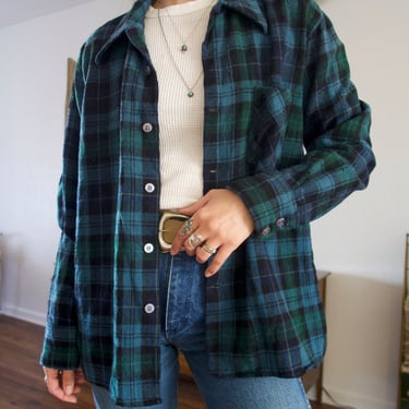 Vintage 70’s Kings Road Shop Sears The Men’s Store Wool Blue Green Plaid Button-Up Flannel 