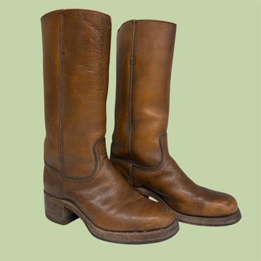 Vintage Frye Boots Retro 1970s Mens Footwear + Size 8 1/2 + Brown Leather + Campus + Style 2550 + Western + Cowboy + Saddle + Pull Up 