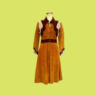 Vintage Dress Retro 1970s Margaret Godfrey for Bagatelle + RARE + Size 9 + Brown Suede + Leather + Buttonfront + Bohemian + Western + Womens 