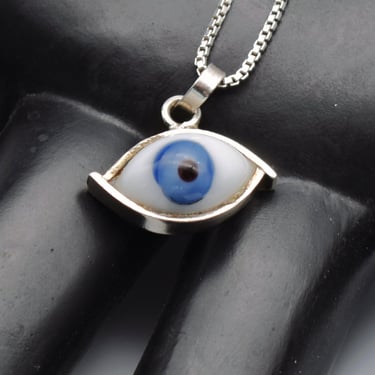 60's Mexico 925 silver glass evil eye pendant, lucky AD Eagle 2 sterling blue eye of god necklace 