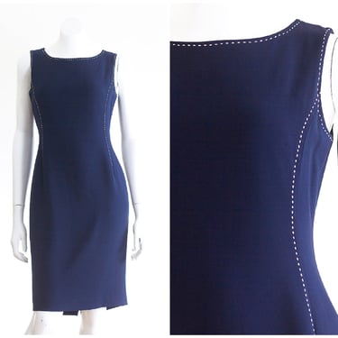 1990s dark blue sheath dress with white stitching 