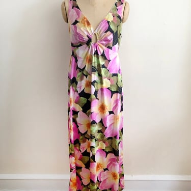 Black and Pink floral Print Maxi Slip with Keyhole - 1970s 