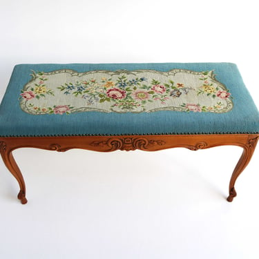 French Louis XV Wood Work Bench Tall Needlework Footstool Sitting Bench Hall Bench End Of Bed Bench Embroidered Fabric Ottoman Long Bench 60 