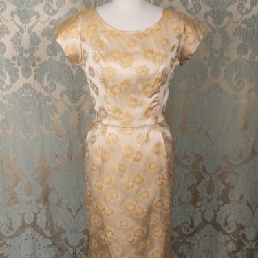 1950s Gold Satin Metallic Brocade Cocktail Dress 