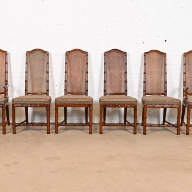 Henredon Mid-Century Hollywood Regency Walnut and Cane Bamboo Form High Back Dining Chairs, Set of Six