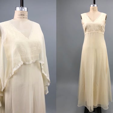 1960s Bernie Bee Ivory Maxi Dress, 60s Wedding Dress, Sheer Sleeves, Bohemian Dress, Empire Waist, Size Small by Mo