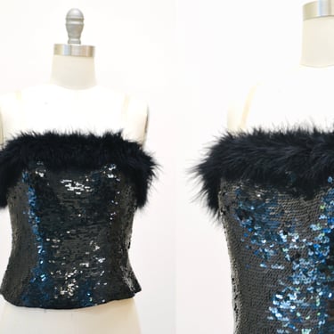 80s 90s Vintage Black Sequin Feather Bustier Top Size XS Small 90s 2000s Sequin feather Strapless top XXS Xs Black Sequin Feather Crop top 