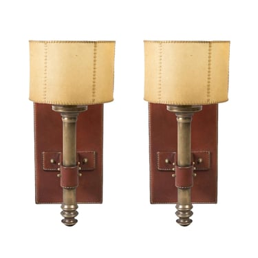 #1326 Pair of 1950's Hand-Stitched Leather Sconces by Jacques Adnet