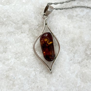 Amber Sterling Silver Ribbon Freeform Italian Made Chain Pednant Oval Necklace - 18