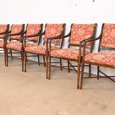 Baker Furniture Style Regency Carved Walnut Faux Bamboo Dining Armchairs, Set of Six