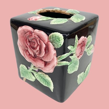 Vintage Tissue Box Cover Retro 1980s Farmhouse + FF Taiwan + Ceramic + Square Shape + Black + Pink and Green Roses + Bathroom Decor/Storage 