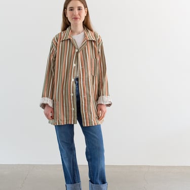 Vintage Green Orange White Striped Shirt Jacket | Unisex Flannel Stripe Cotton Pajama Chore shirt | M L | SJ002 