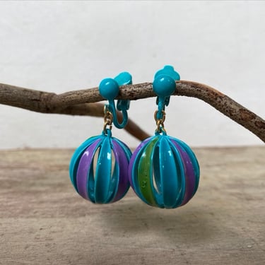 70's Groovy Dangle Earrings, Go Go Girl, Blue Purple Green Globes, Dangle Drop, Clip Earrings 