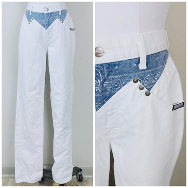 1990s Vintage Roughrider White Denim Western Jeans / 90s Rough Rider Blue Bandana Paisley Print Pants / Size Small - Medium Waist 27