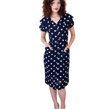 Vintage 40s Rayon Print Dress Navy Blue Polkadot  S 