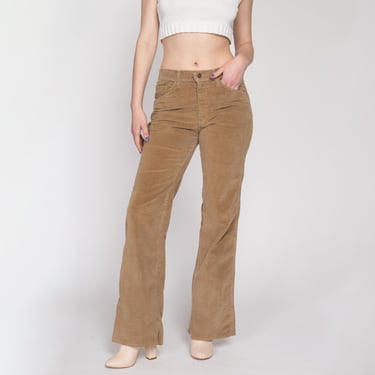 Medium 70s Tan Corduroy Mid Rise Flared Pants | Vintage Cords Retro Flared Hippie Trousers 