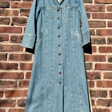 Vintage 90s Y2K Denim Button Down Duster Jacket Coat Long Trench XS Small by TimeBa