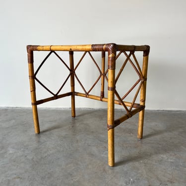 Vintage Bamboo Rattan Side Table W/ Glass Top 